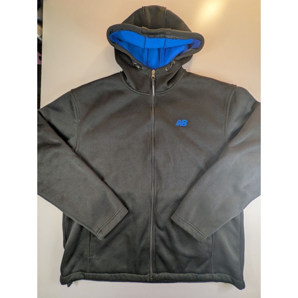 New Balance Men’s XL Black Full Zip Hooded Fleece Jacket Blue Logo